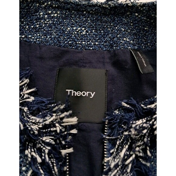 Theory Coat Women's Large Blue Zarafilla Indigo Tweed Fringe Trim Work Career - Picture 2 of 14